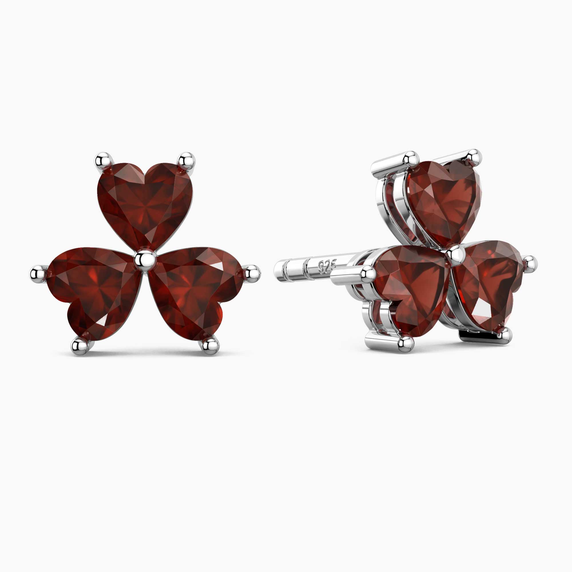 Flower Shape Stud Earrings in Sterling Silver - Garnet