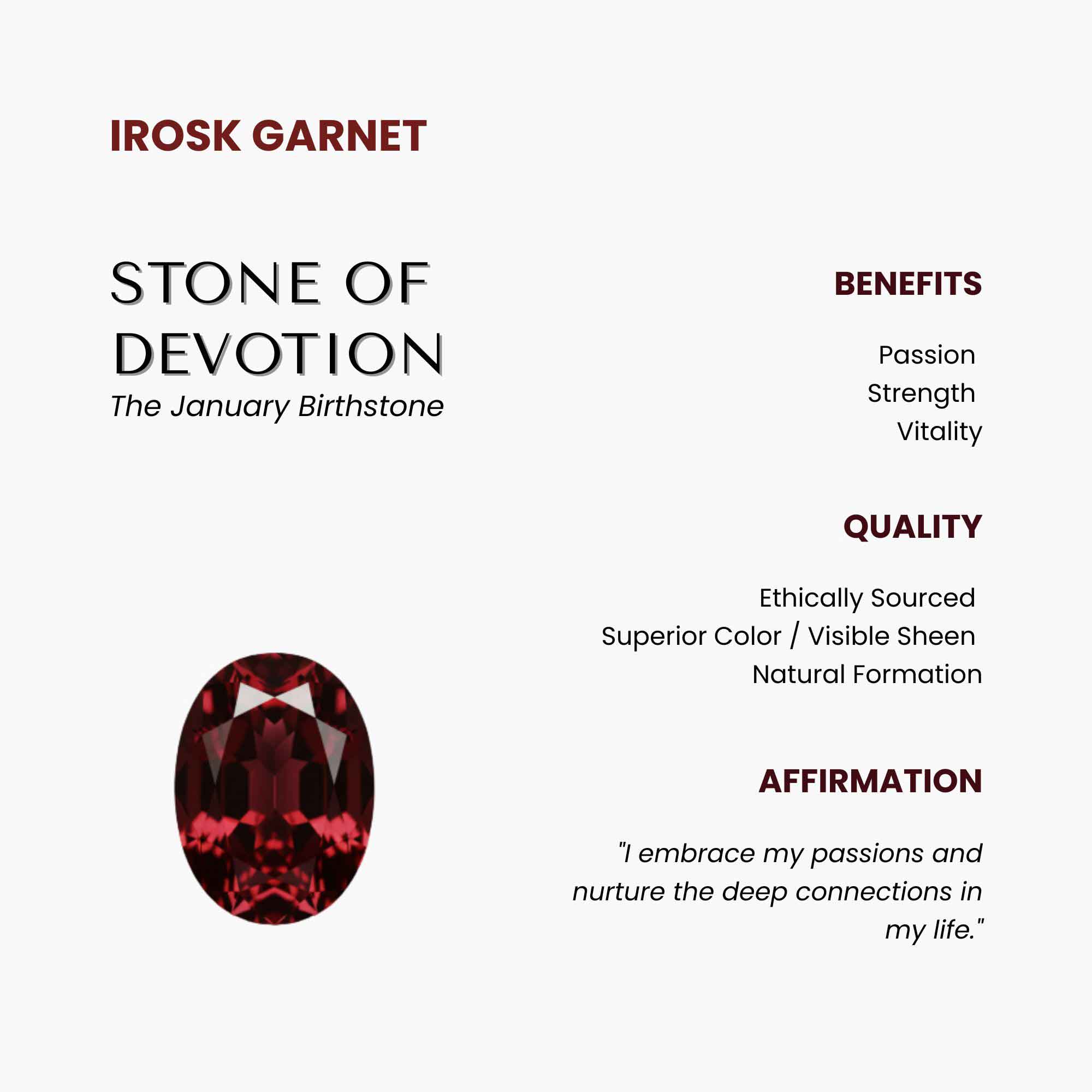 Irosk Garnet stone with information on benefits, quality, and affirmation on a white background