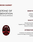 Irosk Garnet stone with information on benefits, quality, and affirmation on a white background