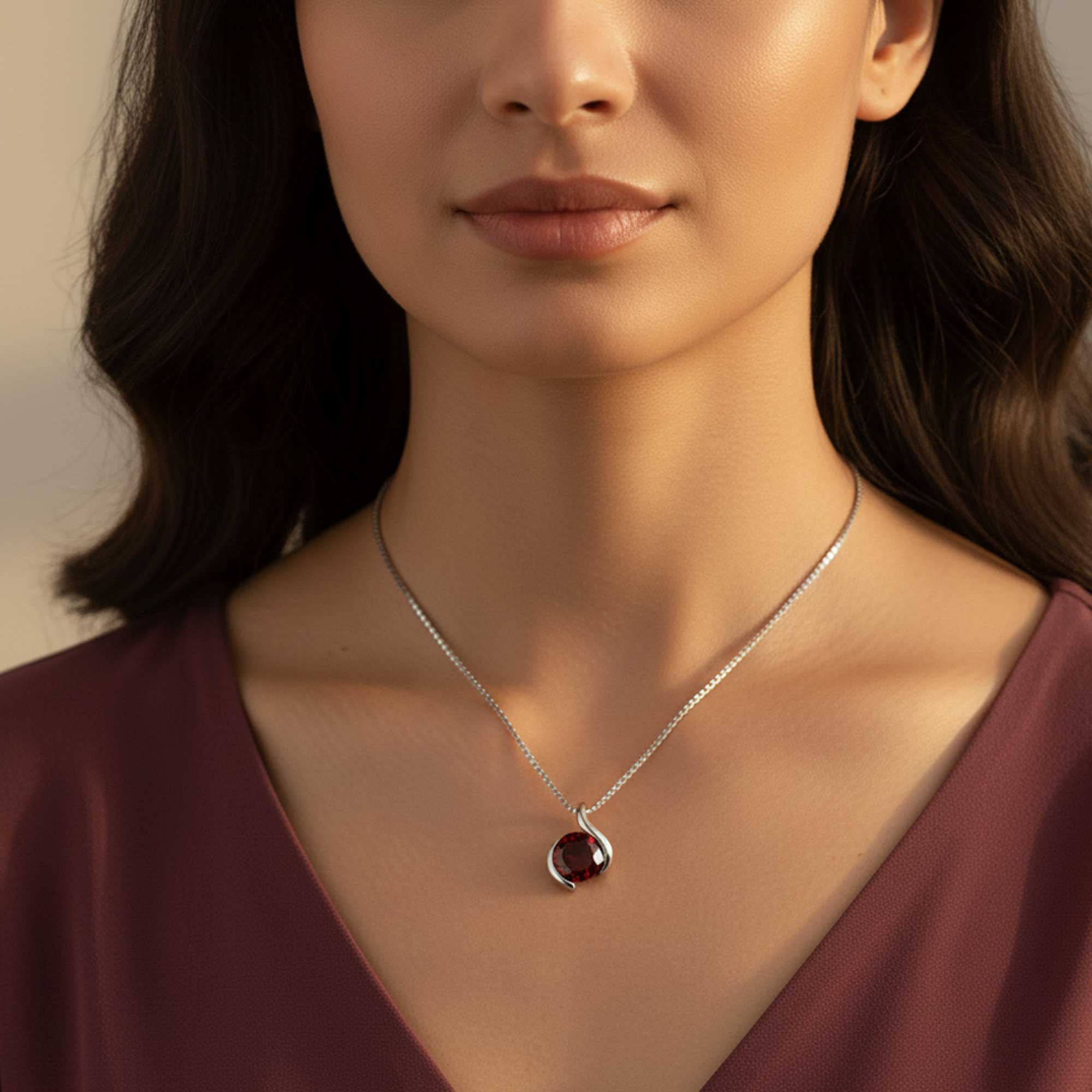 Garnet Semi Bezel Pendant Necklace in Sterling Silver | Irosk
