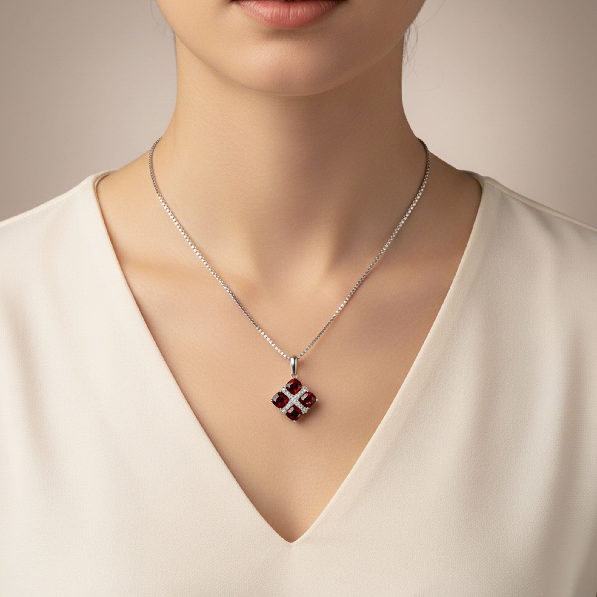 Garnet Cluster Pendant in Rhodium-Plated Sterling Silver