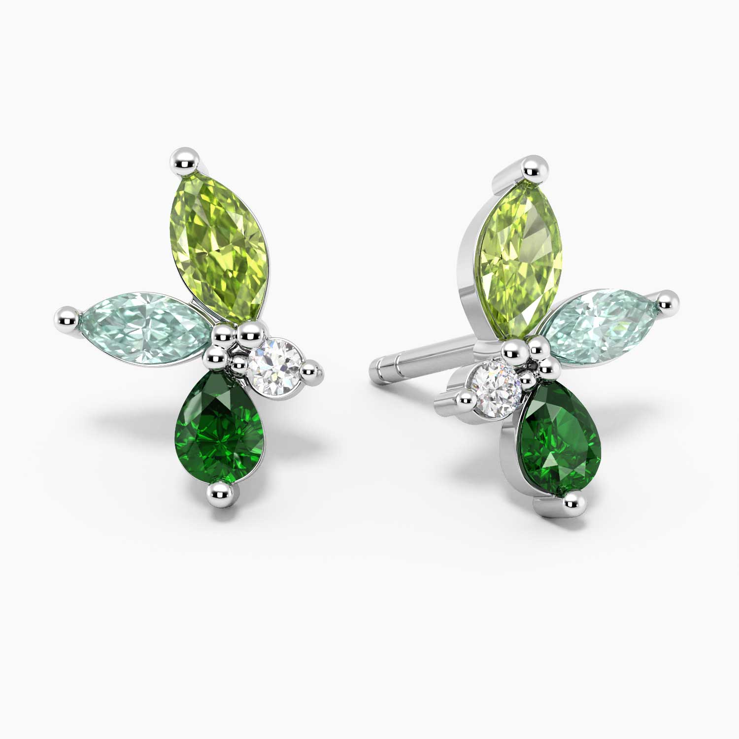 Elegant green gemstone cluster earrings in sterling silver featuring peridot, emerald, and accent stones – front view