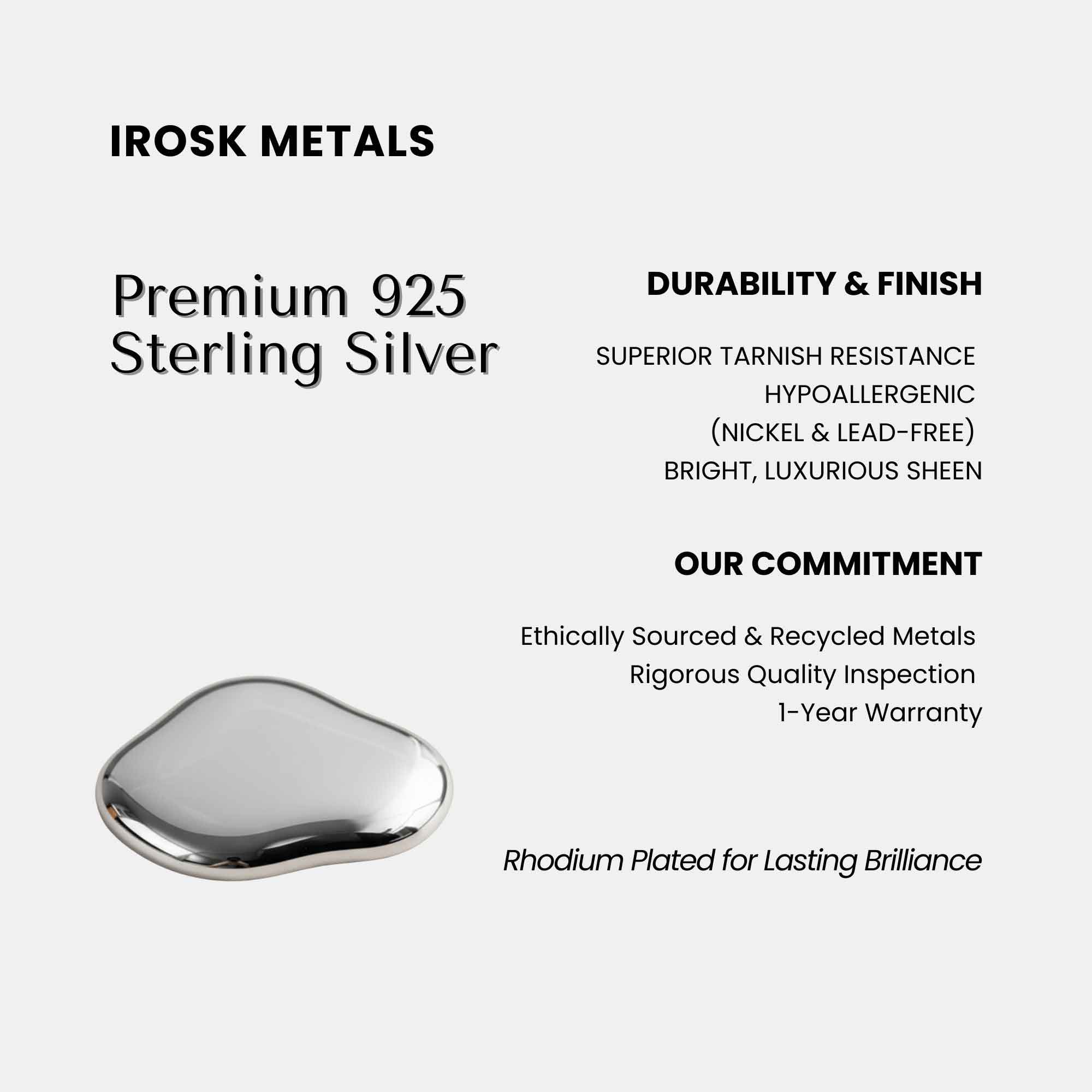 Irosk Metals premium 925 sterling silver product with features listed on a white background.