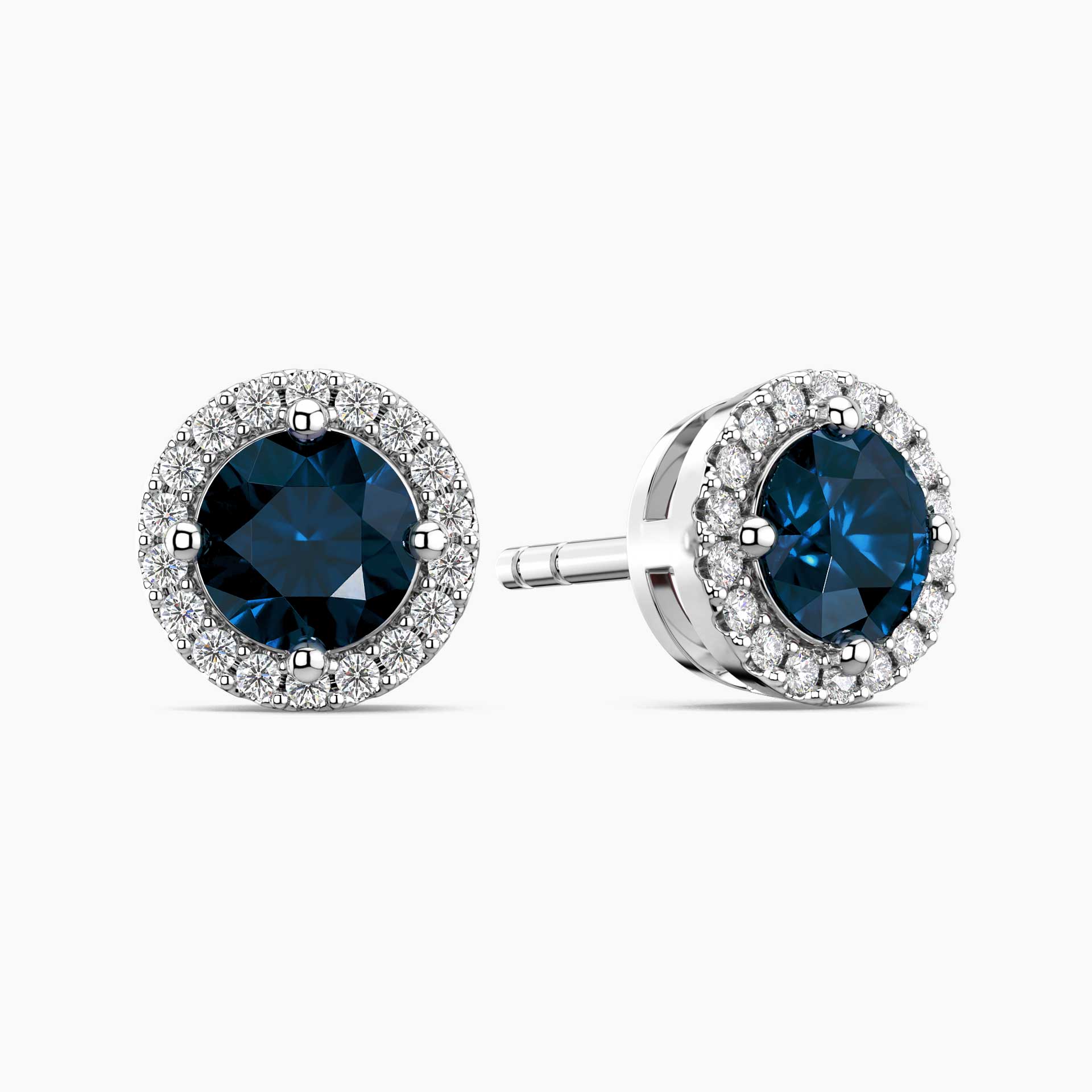 Round London Blue Topaz Halo Earrings | Sterling Silver