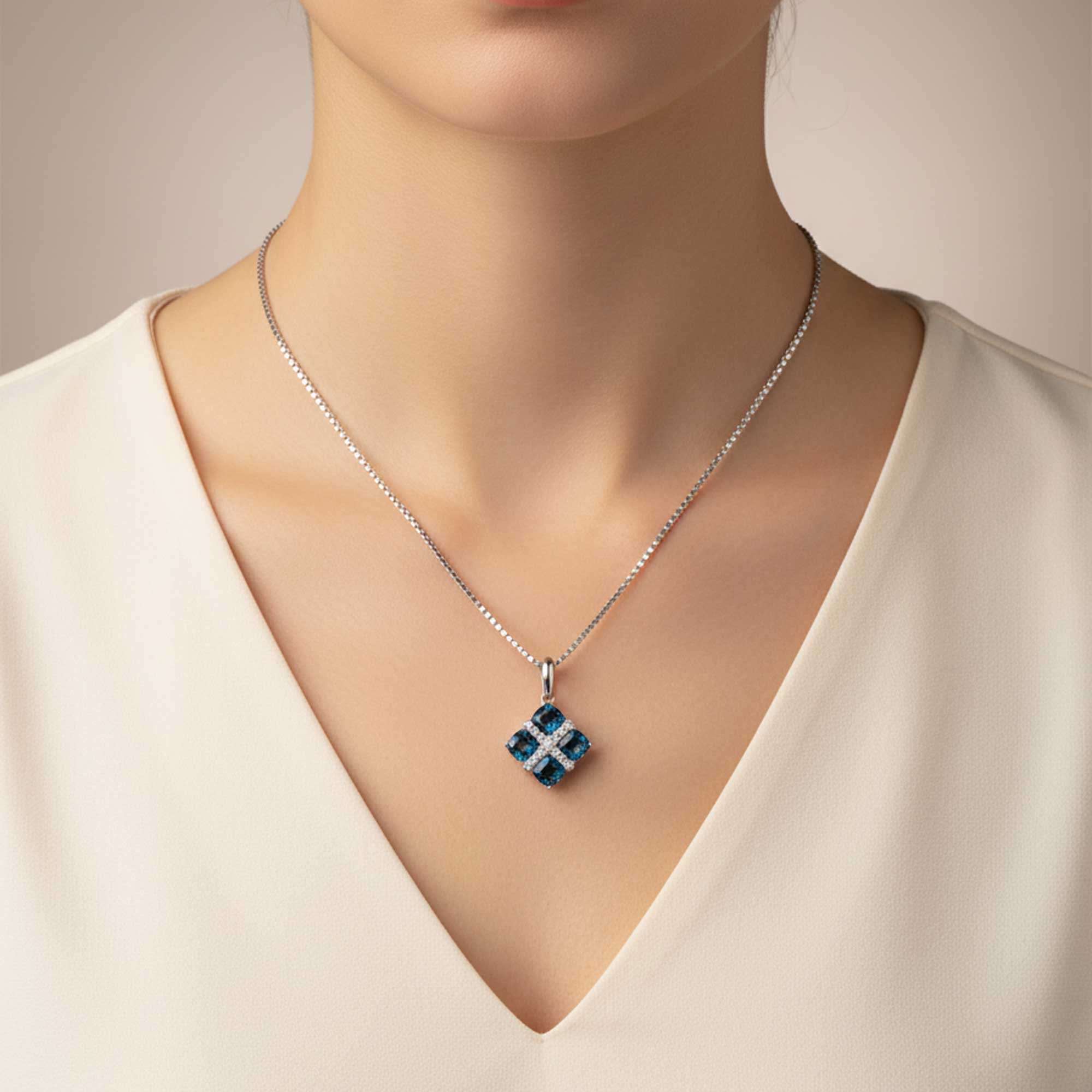 London Blue Topaz Cluster Pendant in Sterling Silver