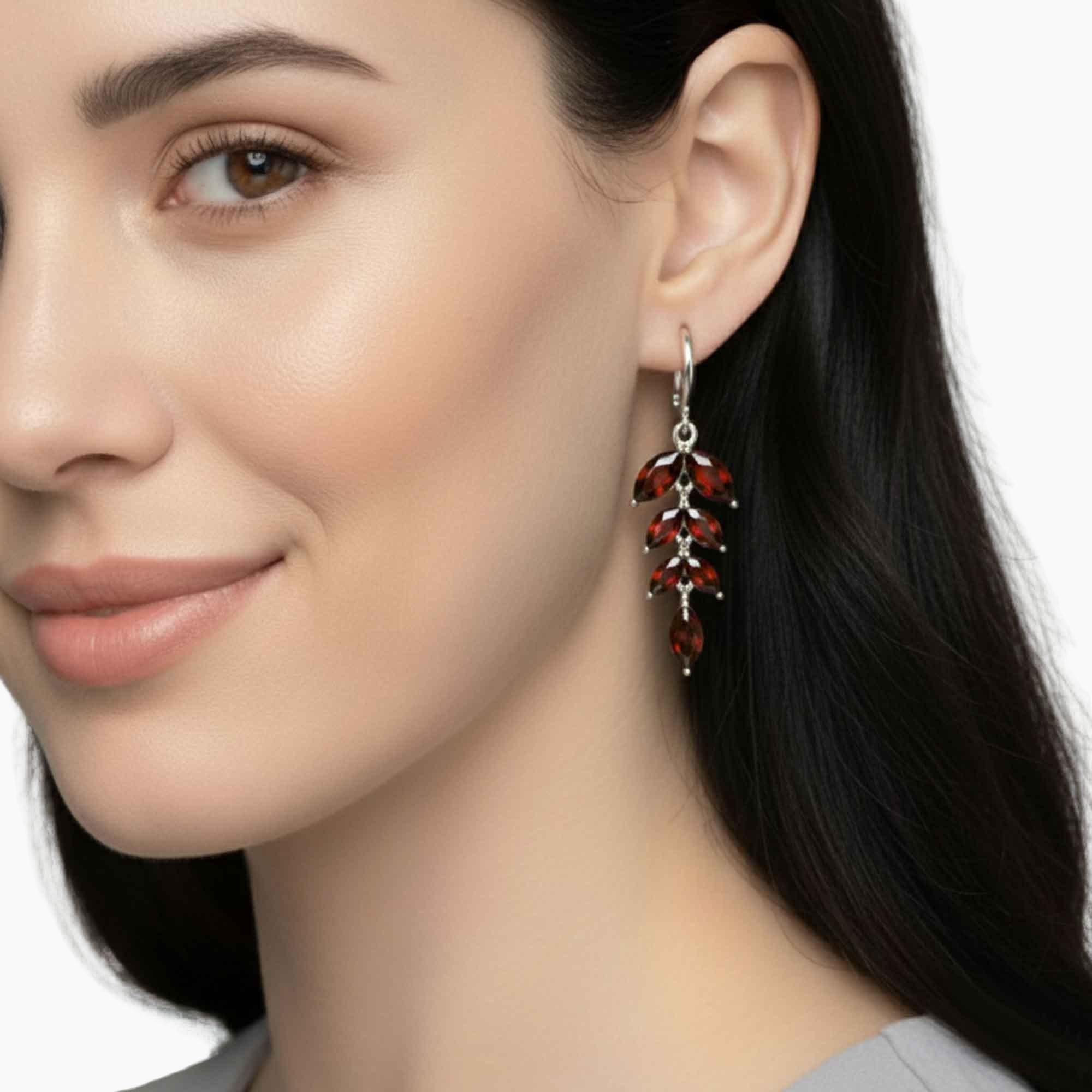 Marquise Garnet Leaf Earrings – January Birthstone