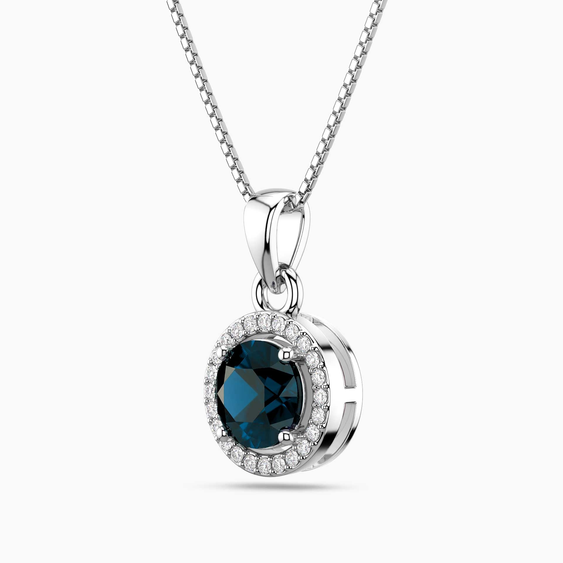 Round London Blue Topaz Halo Pendant | Sterling Silver