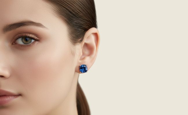 sapphire cushion cut earrings on model