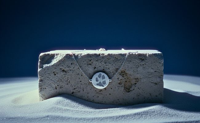 Concrete block with a circular metal paw print pendant on a blue background