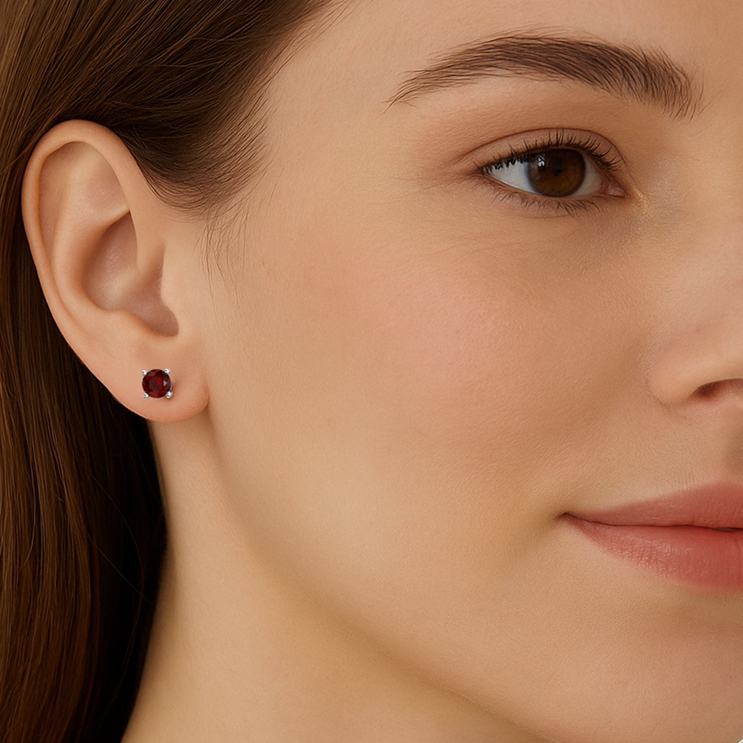 garnet earrings on model