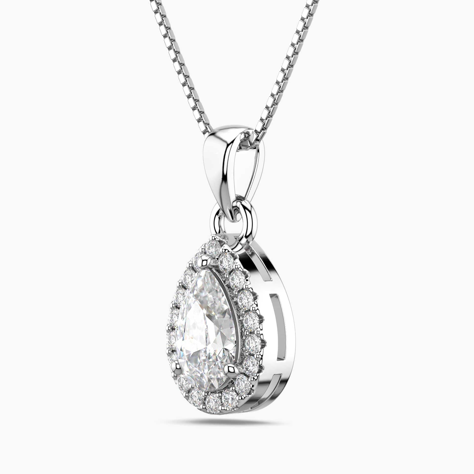 Moissanite Pear Halo Pendant Necklace in Sterling Silver | Irosk