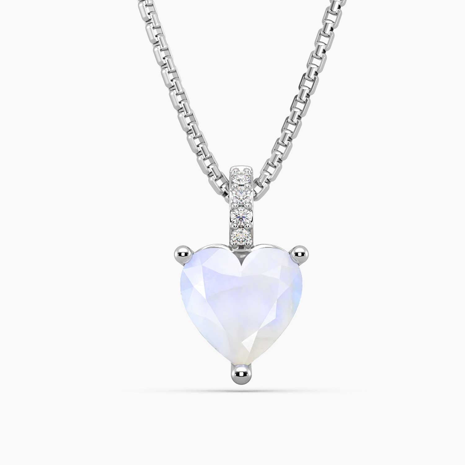 Heart-shaped natural moonstone pendant in sterling silver on a box chain – June birthstone necklace