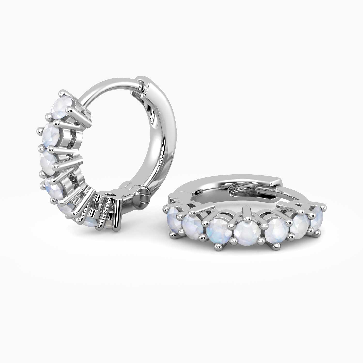 Sterling silver moonstone huggie earrings with natural round-cut stones in white gold finish