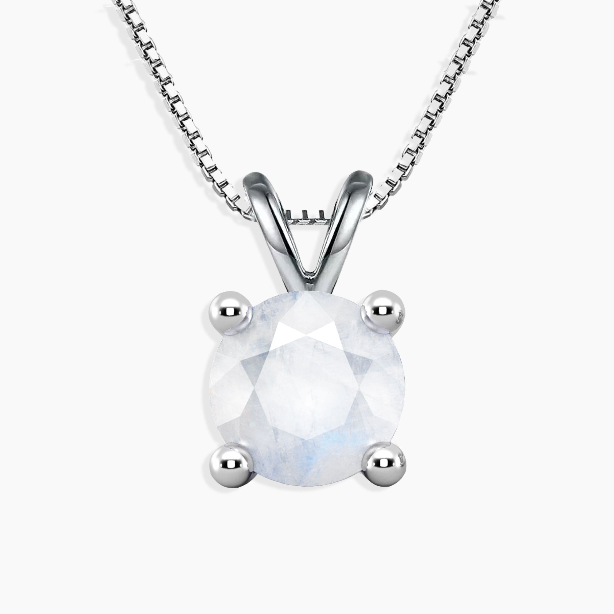 Round natural moonstone solitaire pendant in sterling silver with box chain – June birthstone necklace
