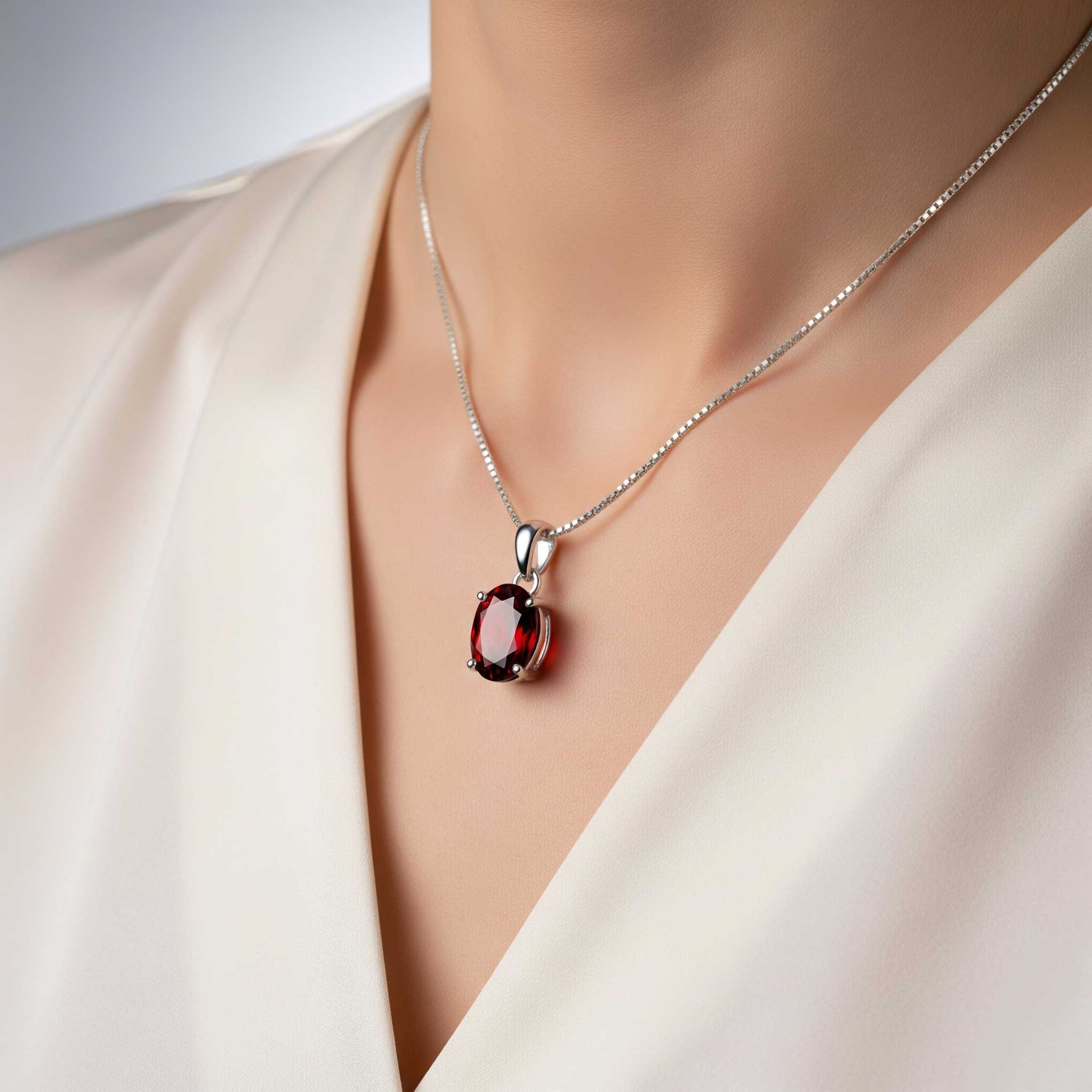 Silver necklace with a red gemstone pendant on a mannequin wearing a white blouse.