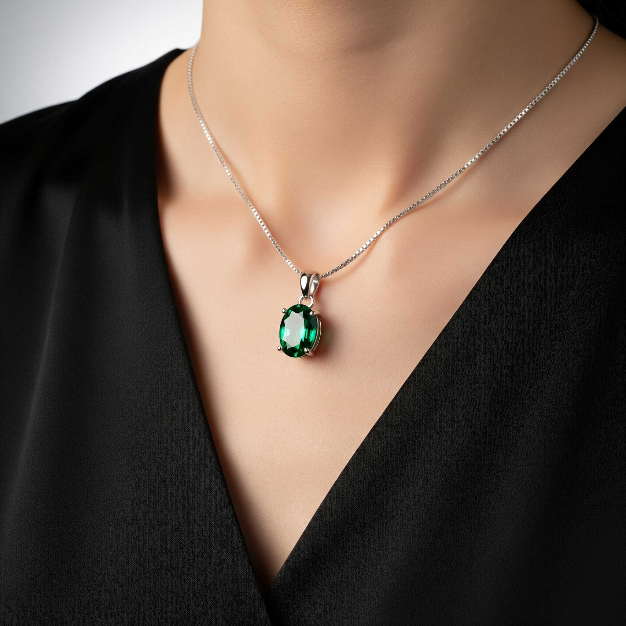 Emerald Oval Pendant Necklace in Sterling Silver | Irosk