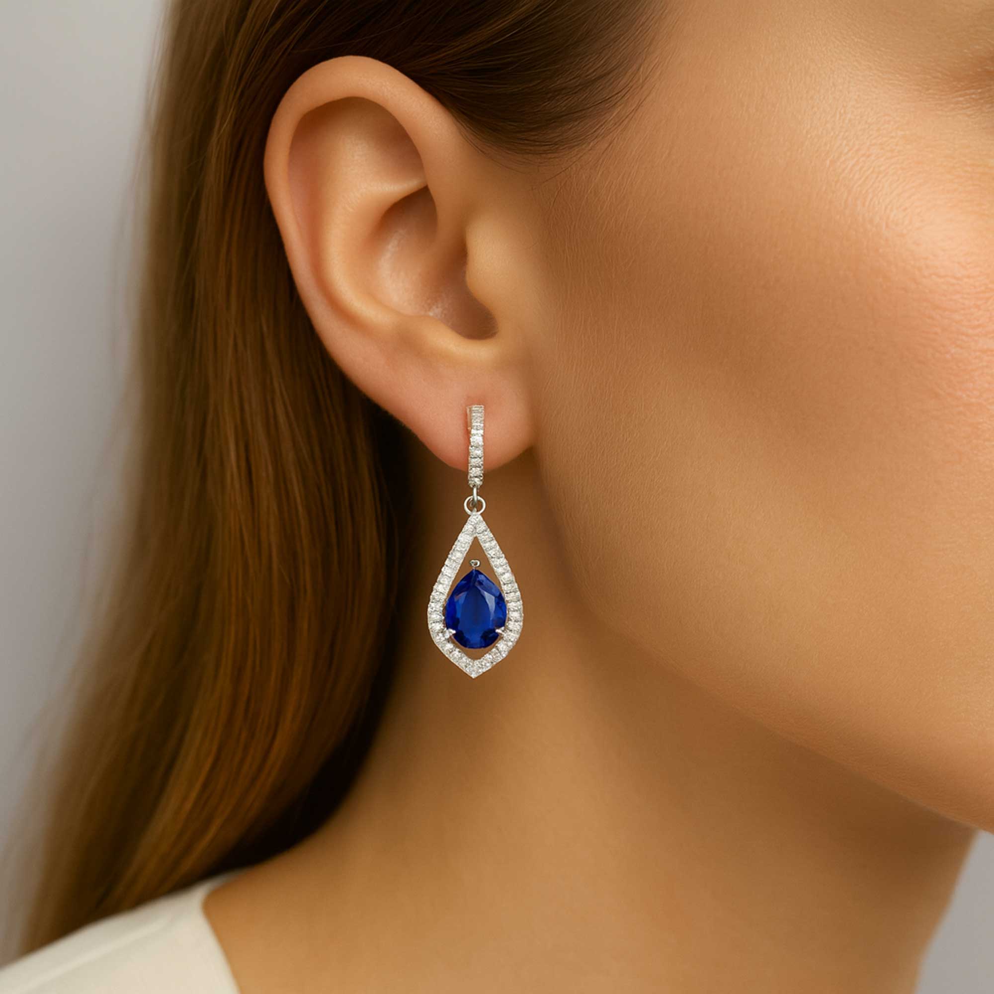 Sapphire Pear Shape Dangling Earrings in Sterling Silver | Irosk