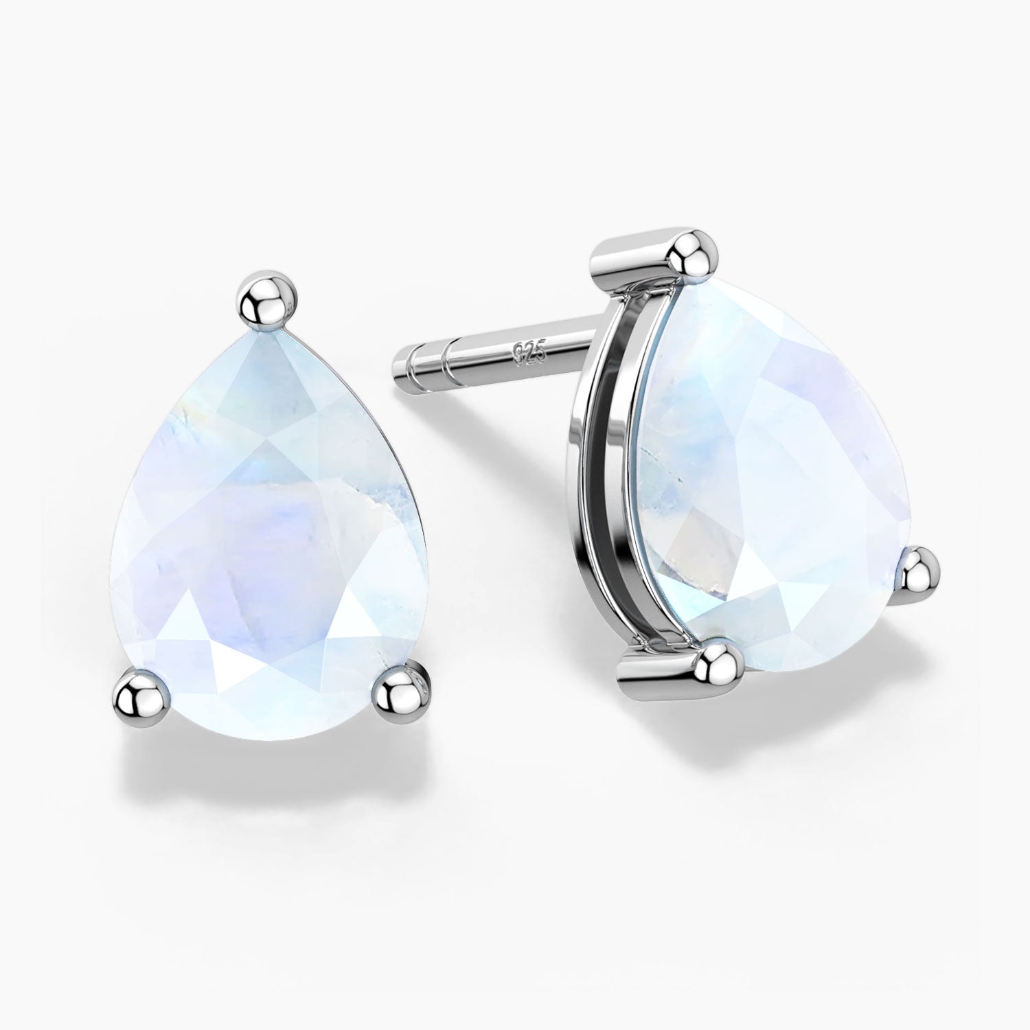 White opal pear stud earrings with side view in silver.