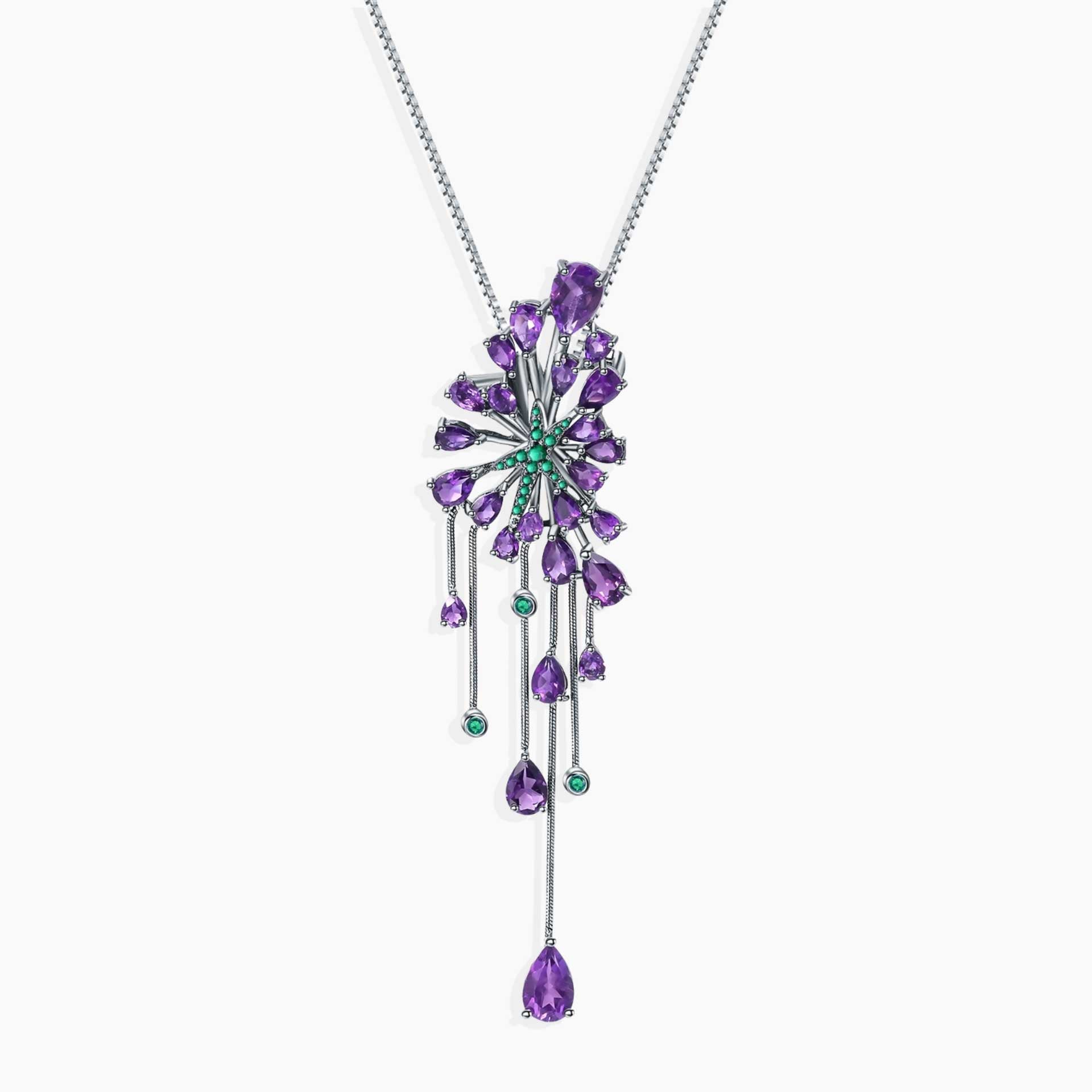 Amethyst & Lab Emerald Drop Pendant Necklace in Silver | Gun Metal Plating
