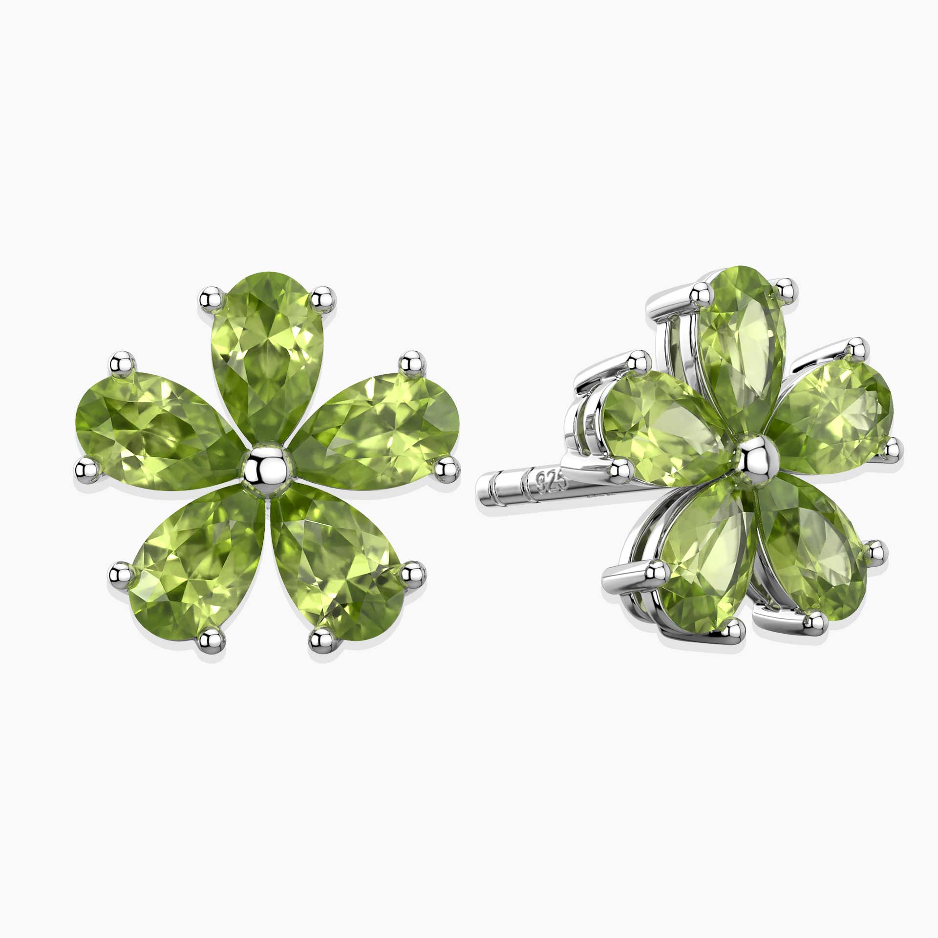 Peridot Flower Petal Stud Earrings in Sterling Silver