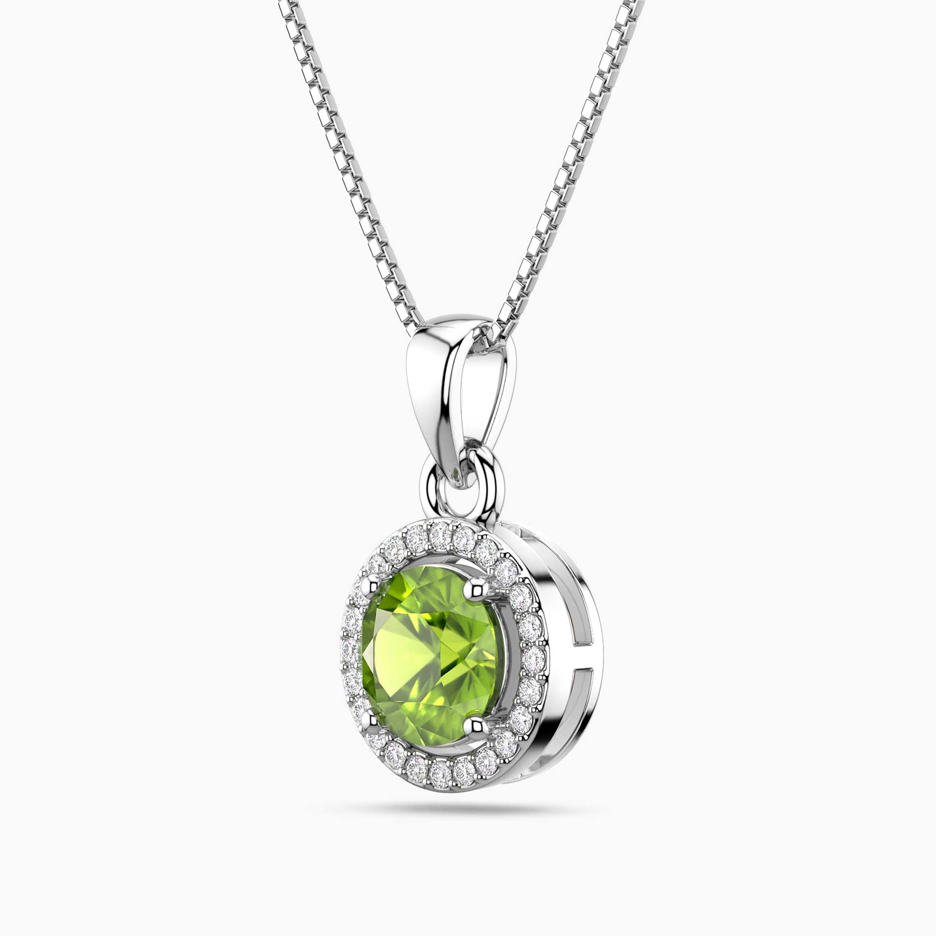 Peridot Round Halo Pendant Necklace in Sterling Silver | Irosk