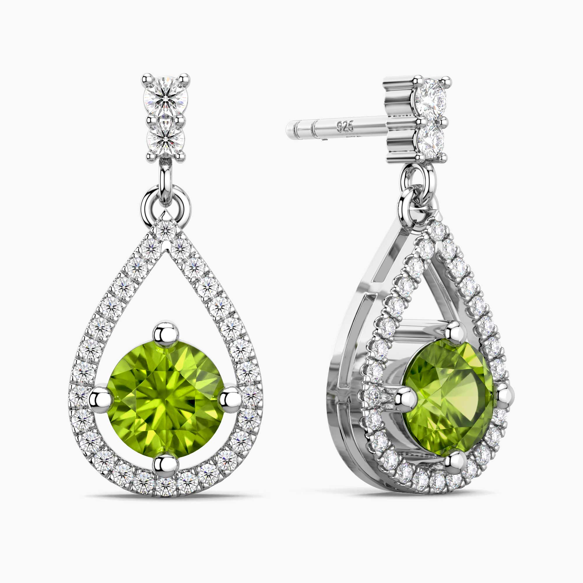 Peridot Halo Drop Earrings in Sterling Silver – August Birthstone