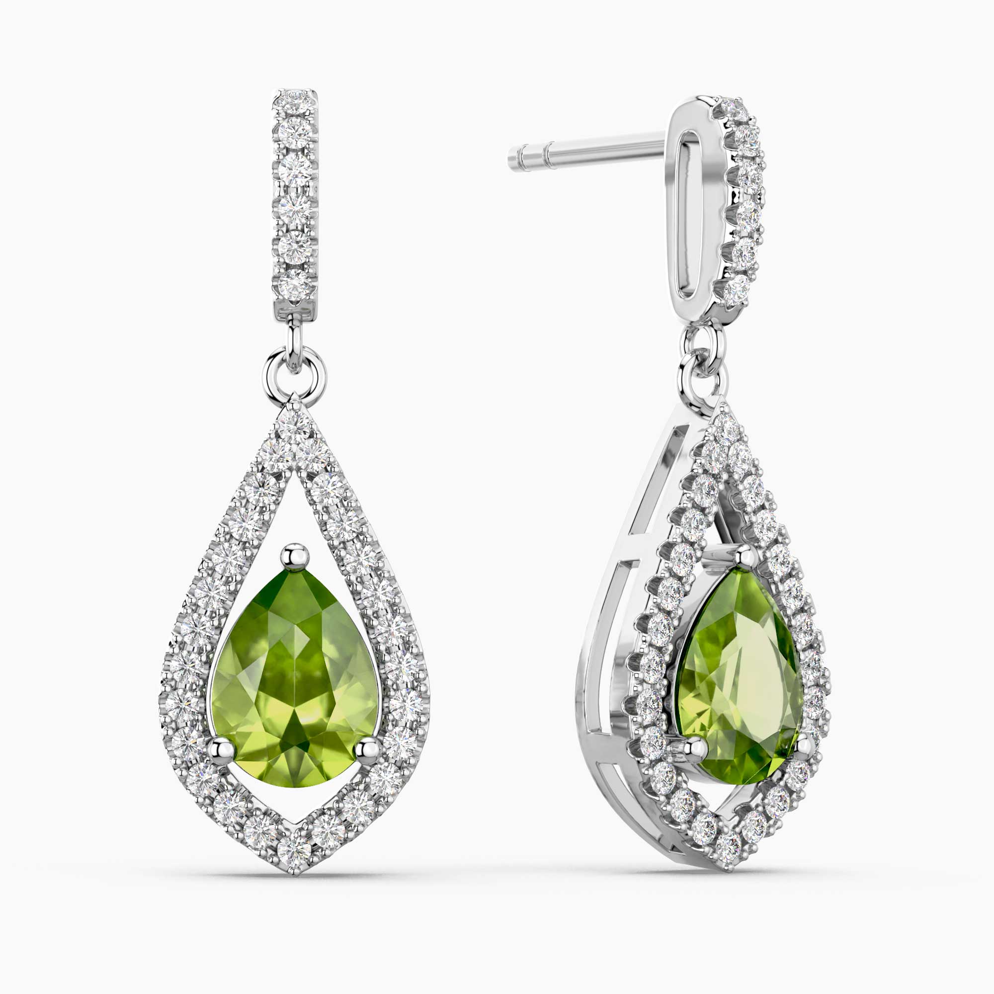 Teardrop-shaped earrings with green peridot gemstones and diamond accents on a white background