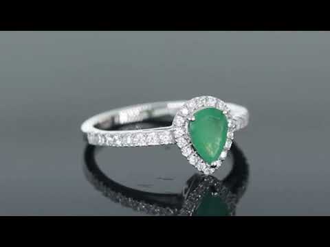 Video preview of the Irosk Pear-Cut Emerald Halo Ring, featuring its pear-cut emerald and shimmering CZ halo.