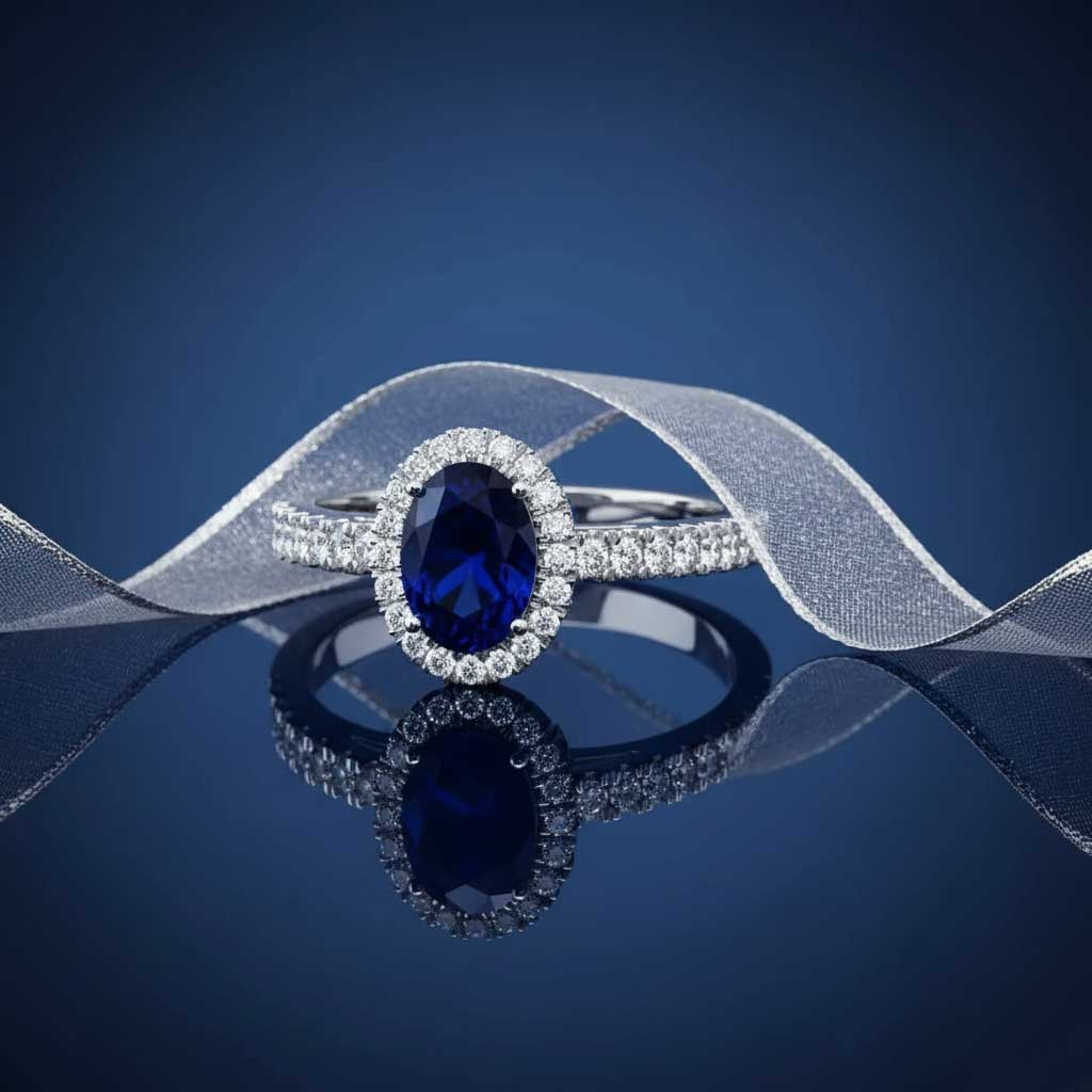 Diamond ring with a blue gemstone on a blue background