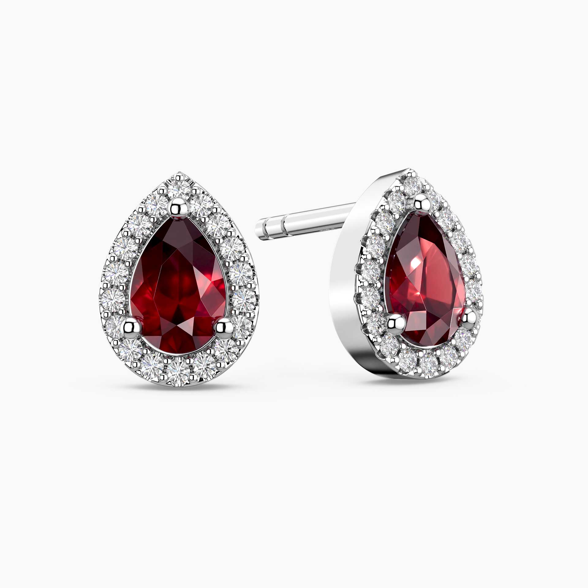 Ruby Pear Cut Halo Stud Earrings in Sterling Silver | Irosk