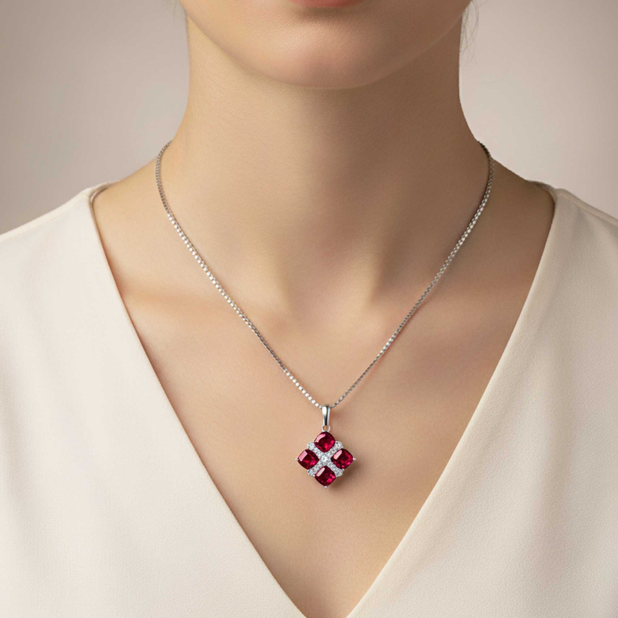 Ruby Cluster Pendant in Sterling Silver