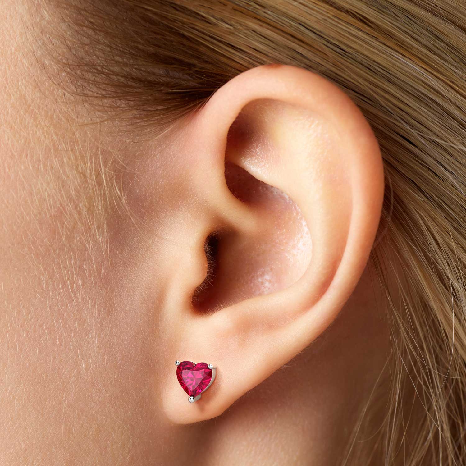 Heart Shape Stud Earrings in Sterling Silver - Ruby