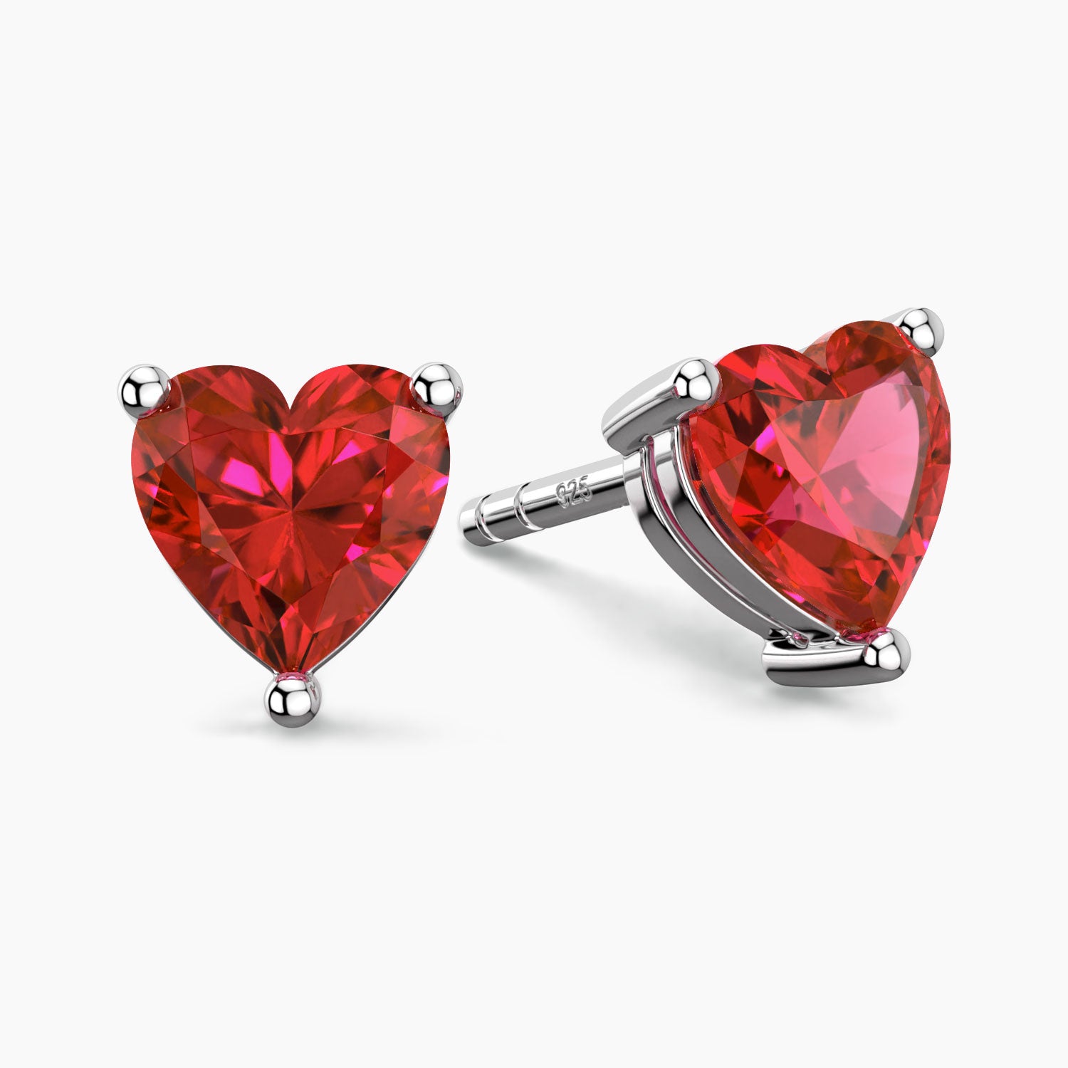 Heart Shape Stud Earrings in Sterling Silver - Ruby