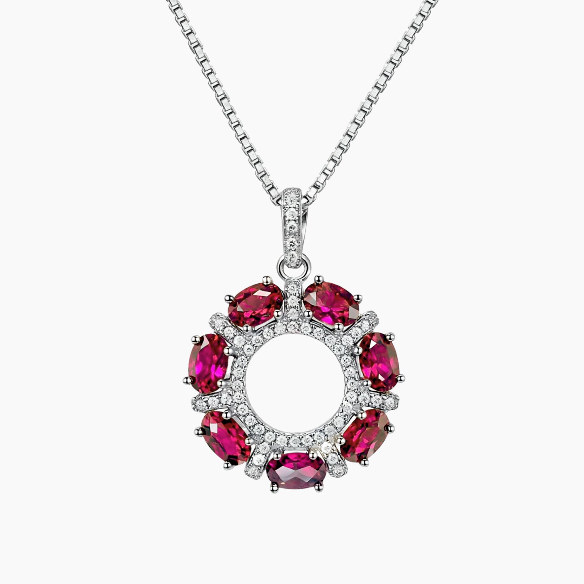Celestial Halo Ruby Pendant in Sterling Silver – July Birthstone