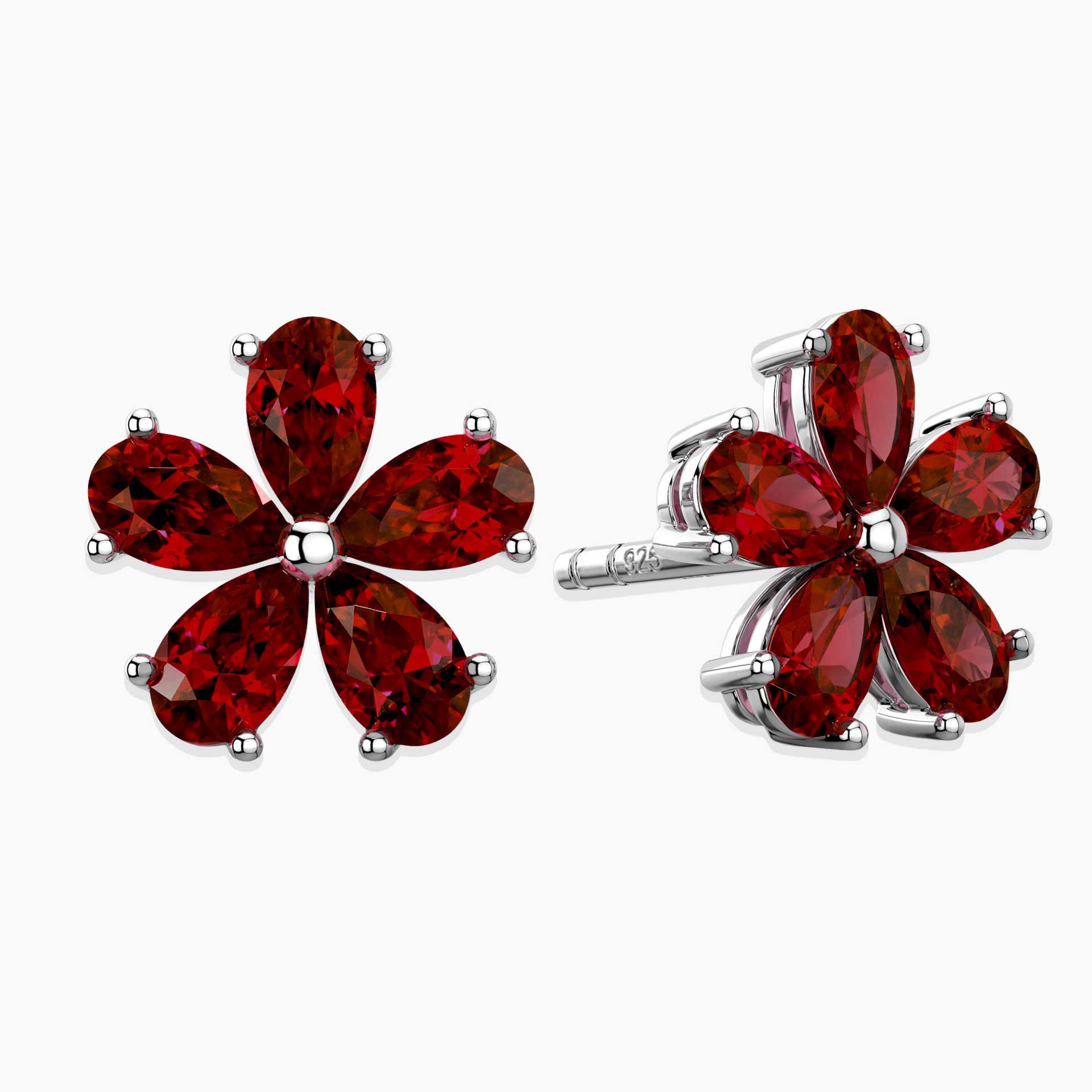 Ruby Flower Petal Stud Earrings in Sterling Silver