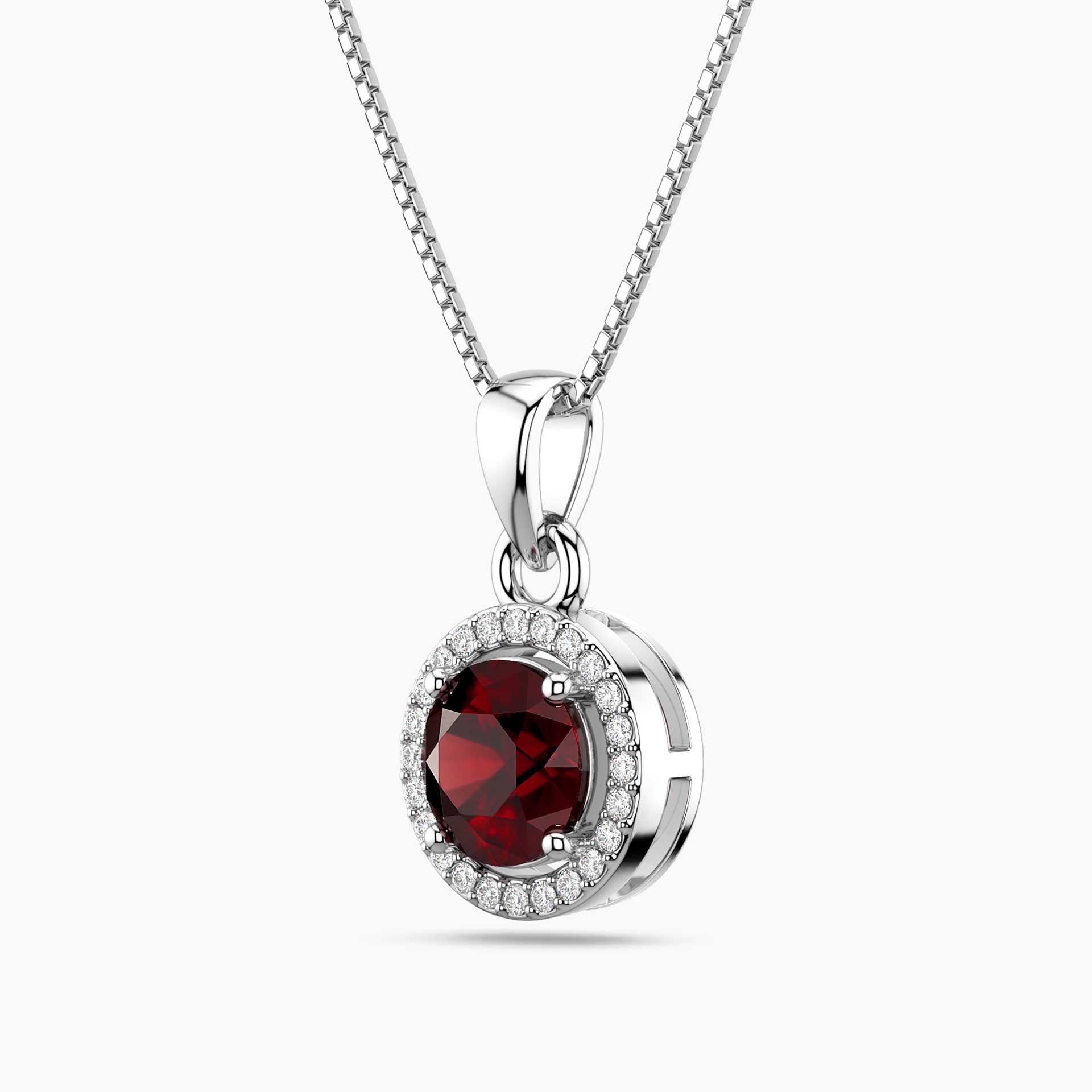 Ruby Round Cut Halo Pendant Necklace in Sterling Silver | Irosk