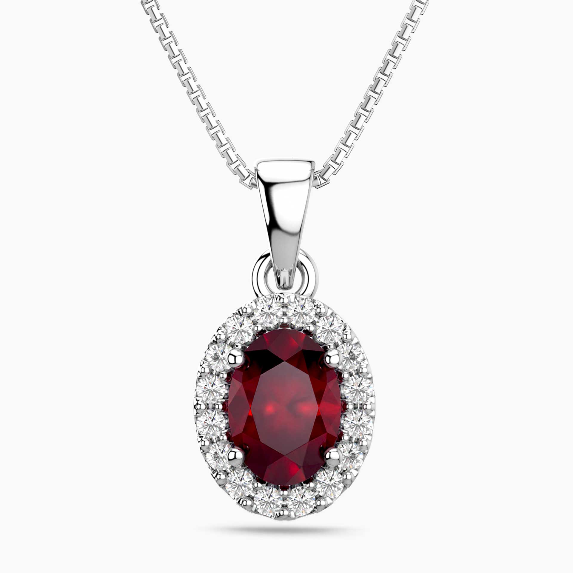 Oval Ruby Halo Pendant Necklace – Sterling Silver Birthstone Jewellery | Irosk