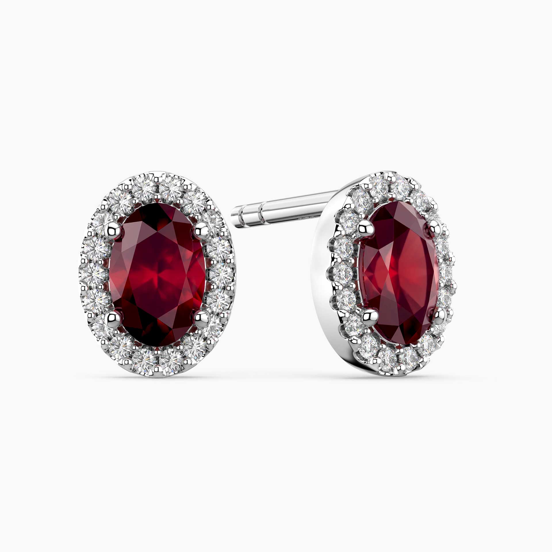 Ruby Oval Cut Halo Stud Earrings in Sterling Silver | Irosk