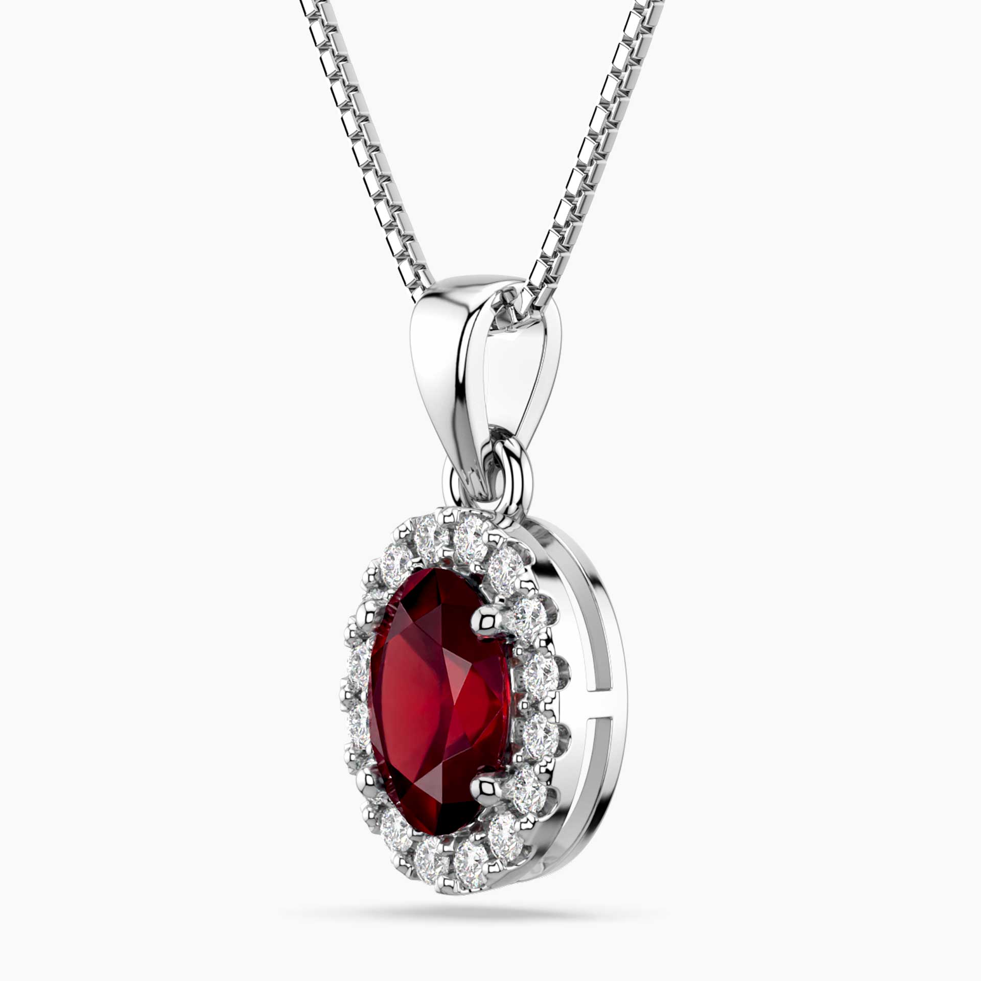 Ruby Oval Cut Halo Pendant Necklace in Sterling Silver | Irosk