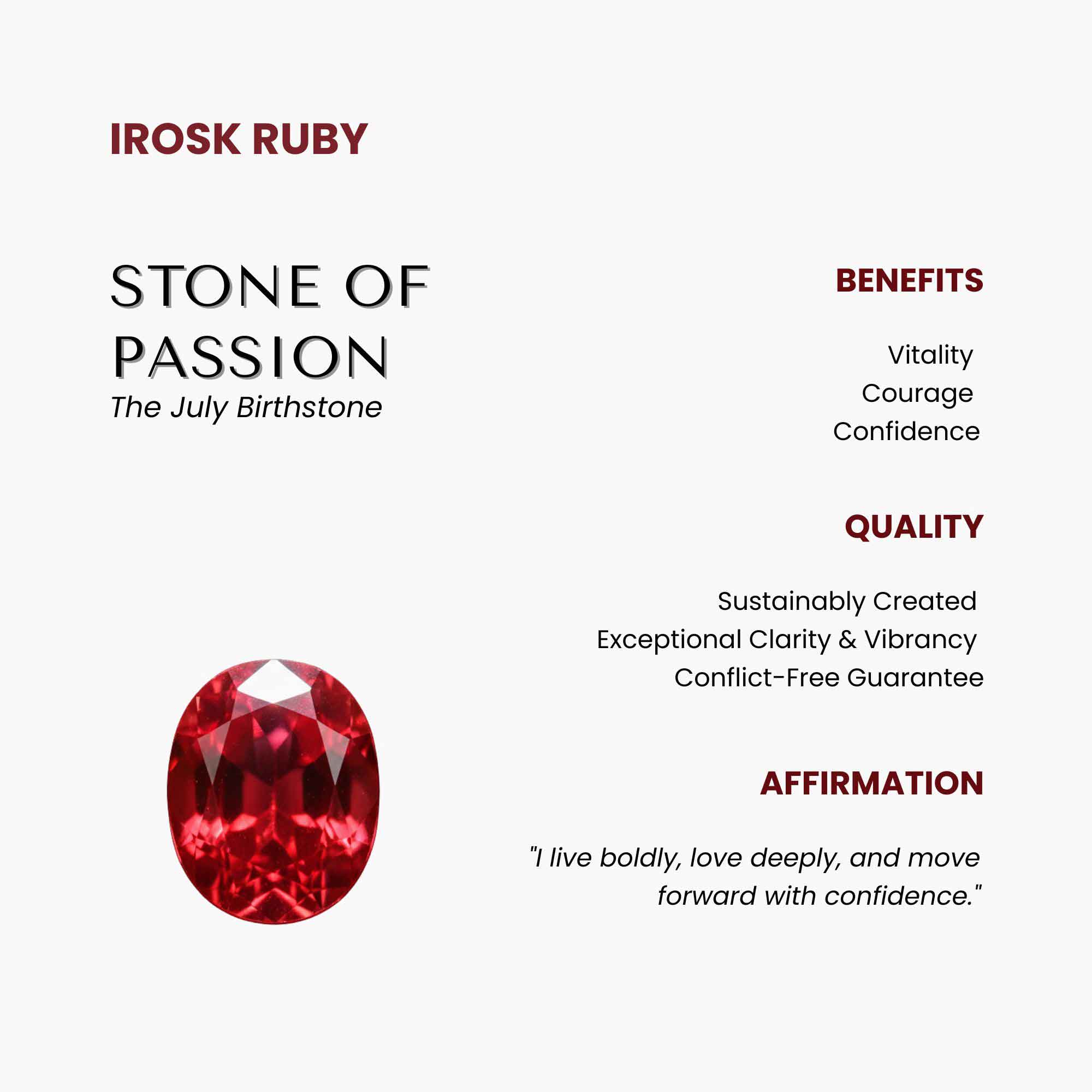 Irosk Ruby with benefits, quality, and affirmation text on a white background