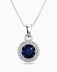 Round Sapphire Halo Pendant | Sterling Silver