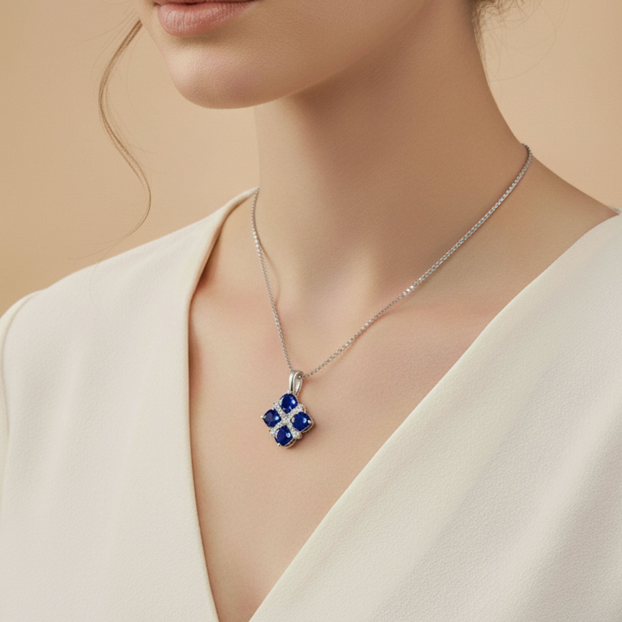 Sapphire Cluster Pendant in Rhodium-Plated Sterling Silver
