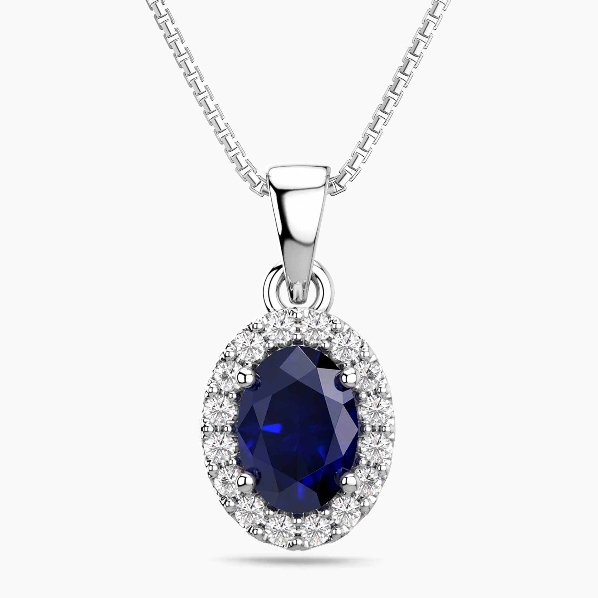 Oval Sapphire Halo Pendant Necklace – Sterling Silver Birthstone Jewellery | Irosk
