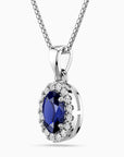 Oval Sapphire Halo Pendant Necklace – Sterling Silver Birthstone Jewellery | Irosk