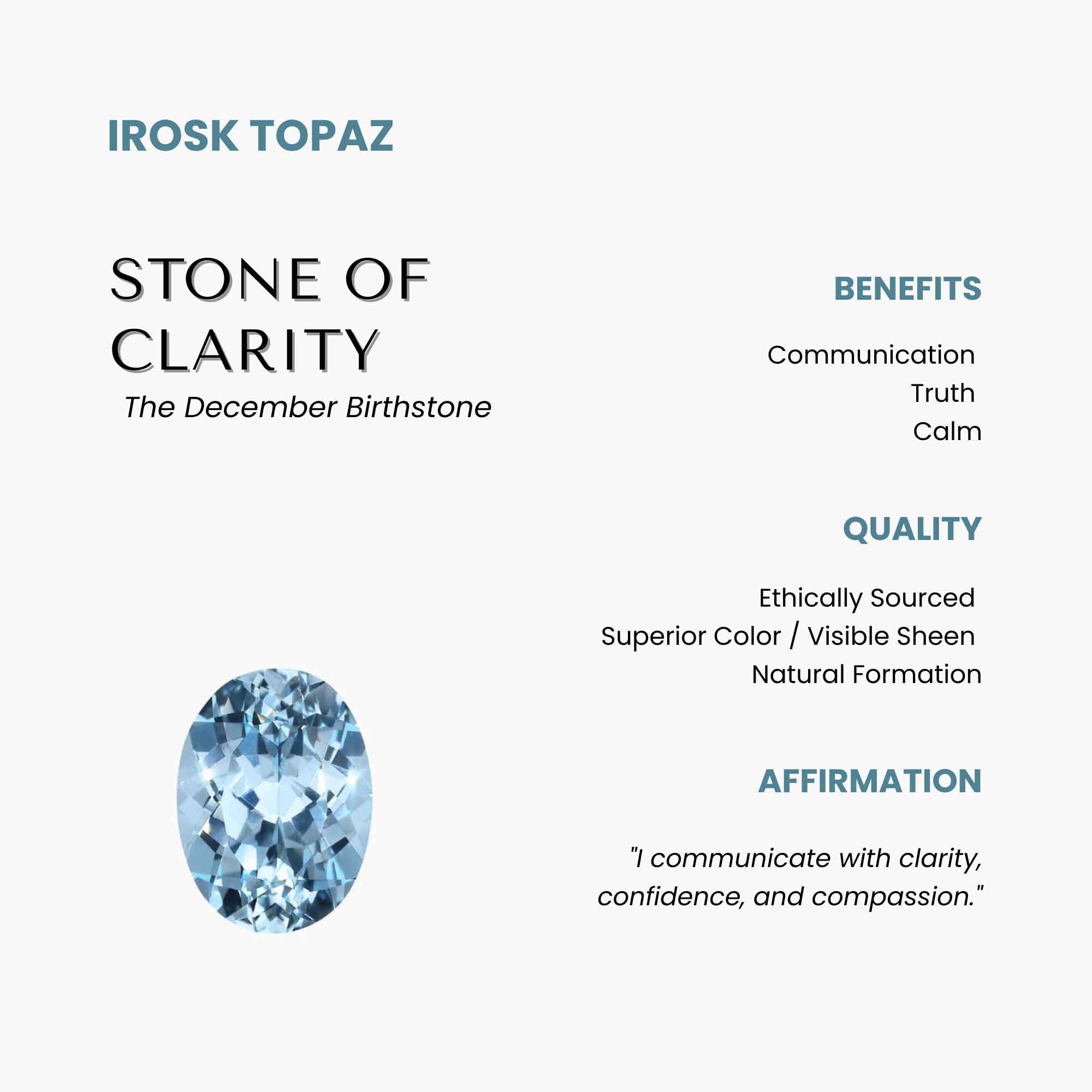 Irosk Topaz stone with its benefits, quality, and affirmation on a white background