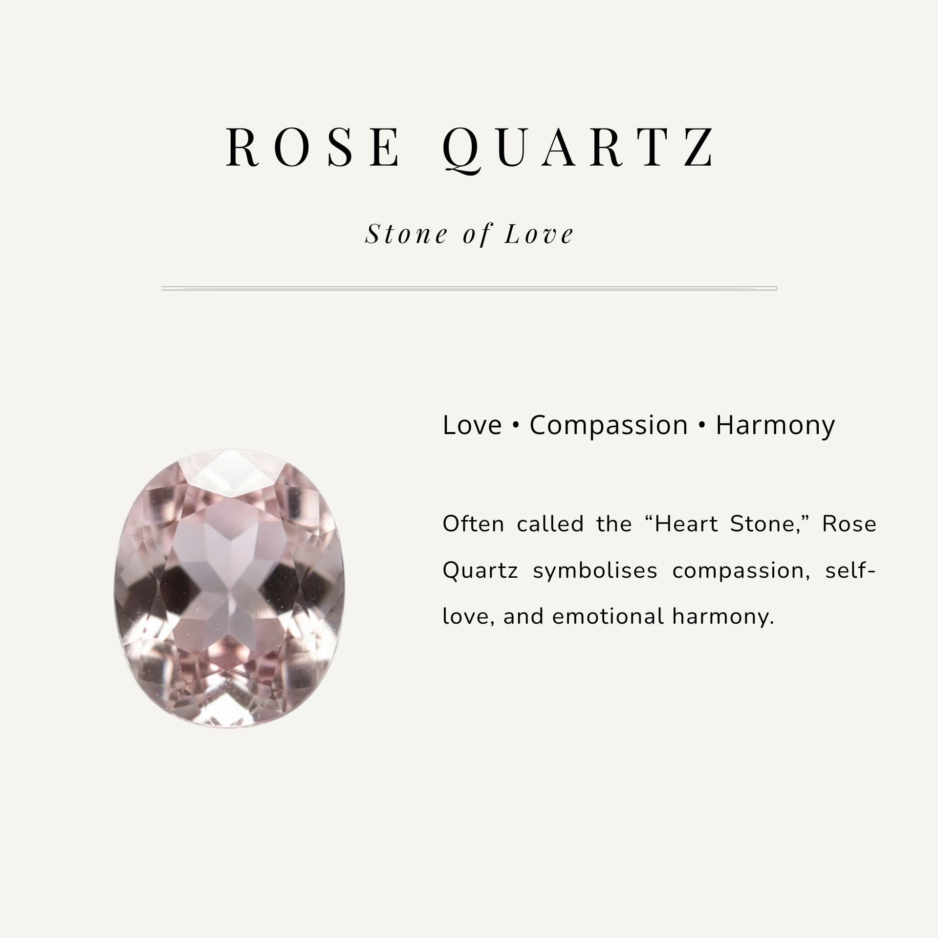 Rose quartz stone with descriptive text on a light gray background