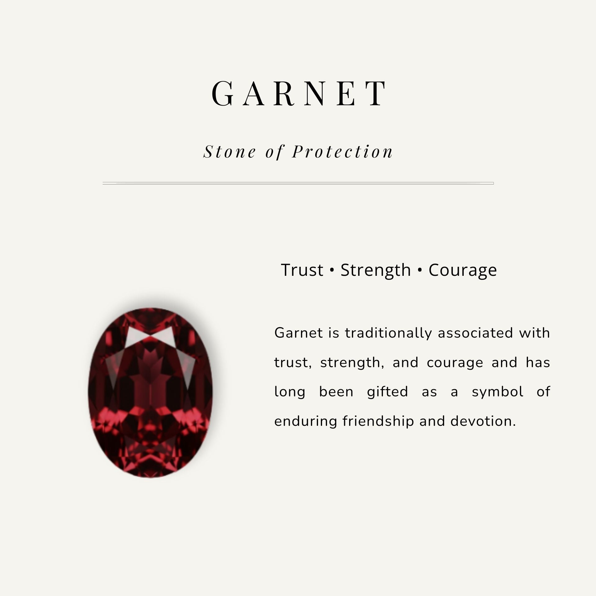 Garnet gemstone with descriptive text on a white background