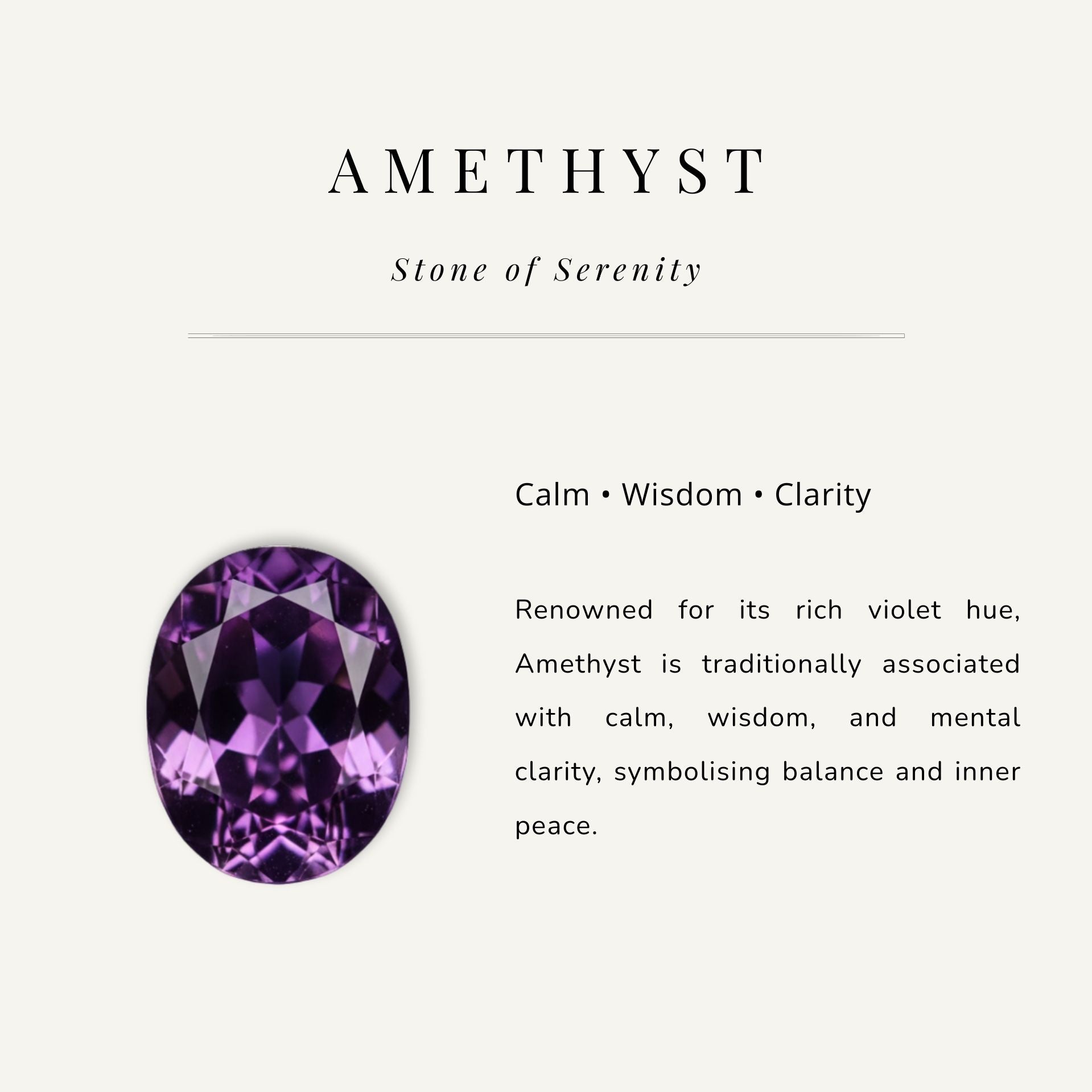 Amethyst gemstone with descriptive text on a light gray background