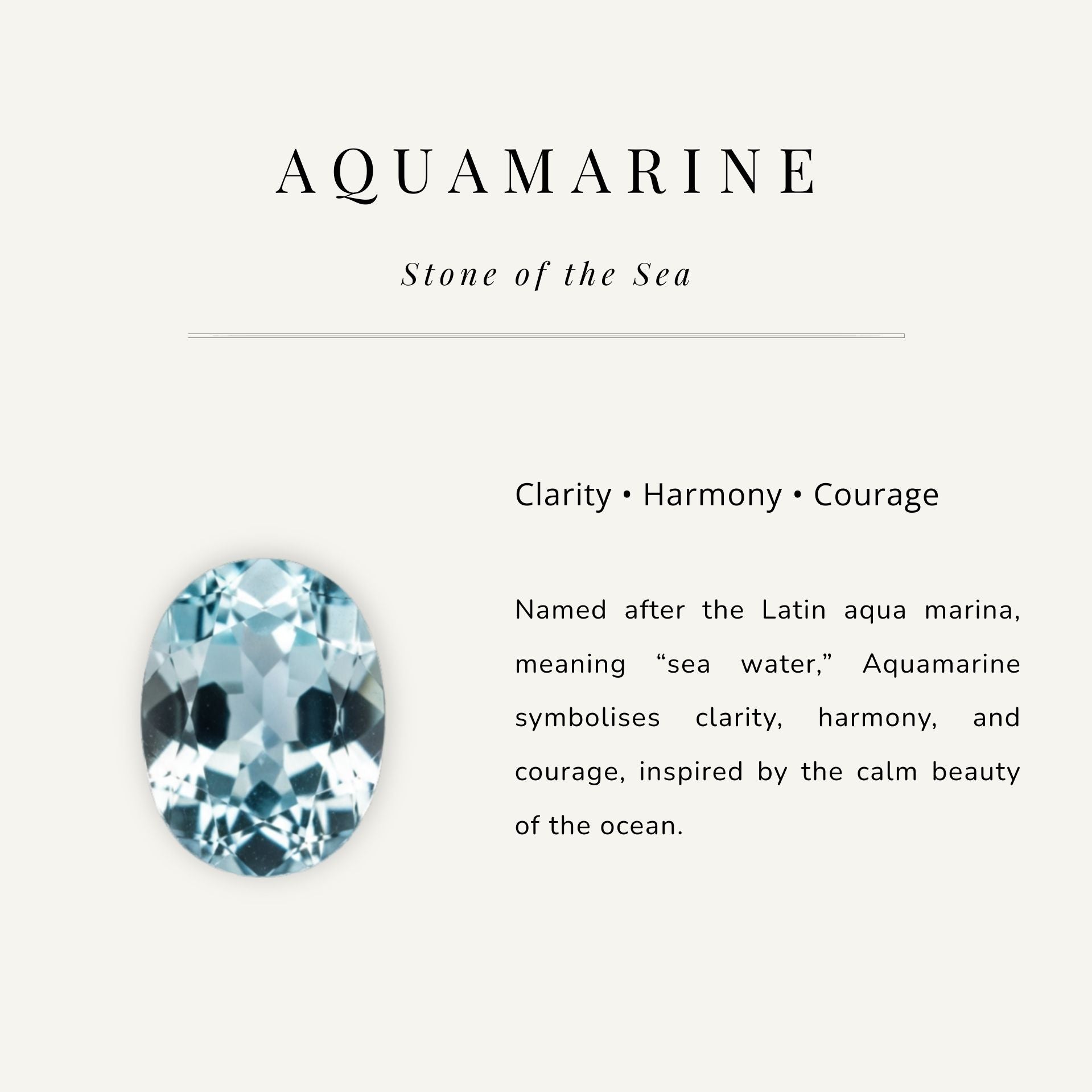 Aquamarine gemstone with descriptive text on a light gray background