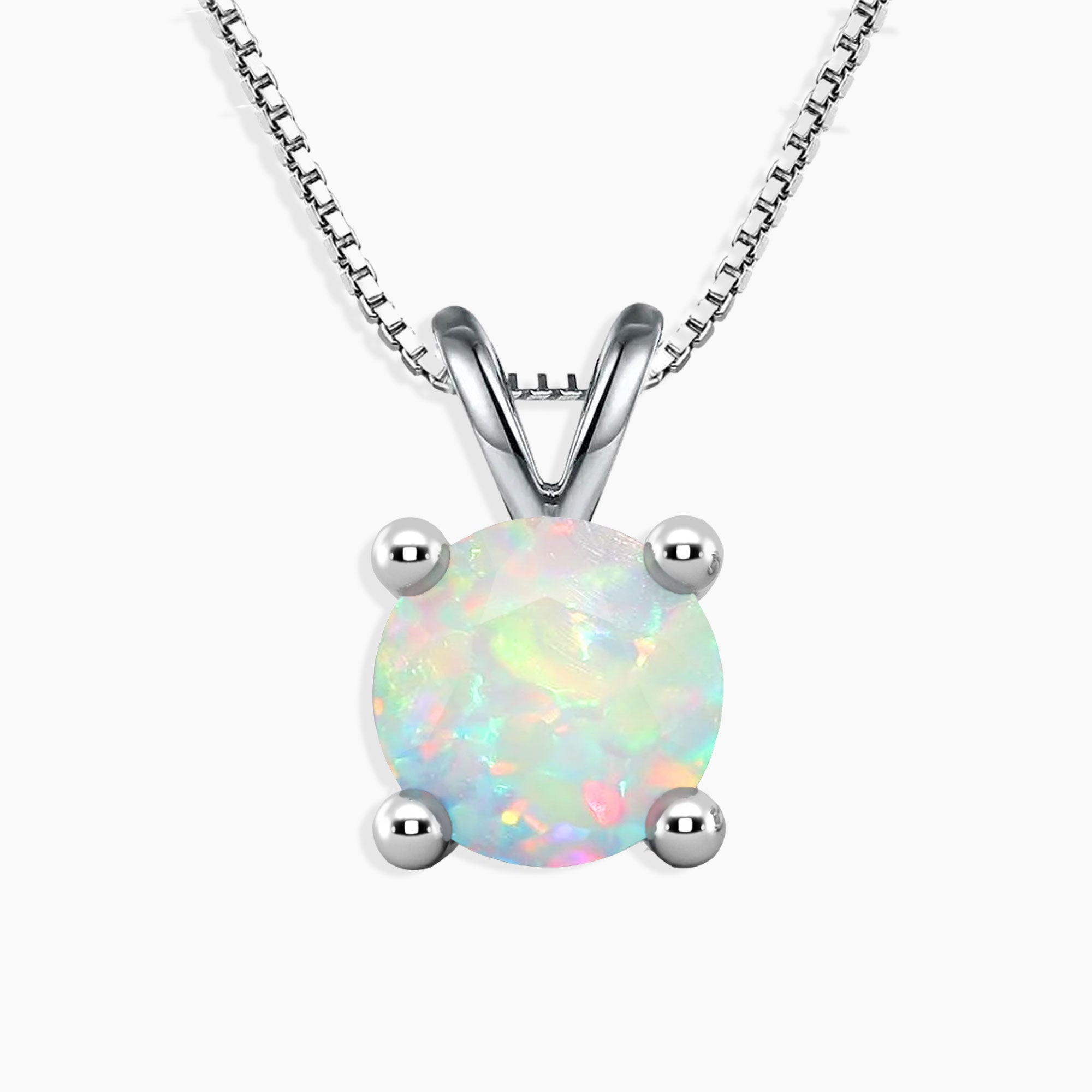 White Opal Pendant Necklace in 925 Sterling Silver - Round-cut